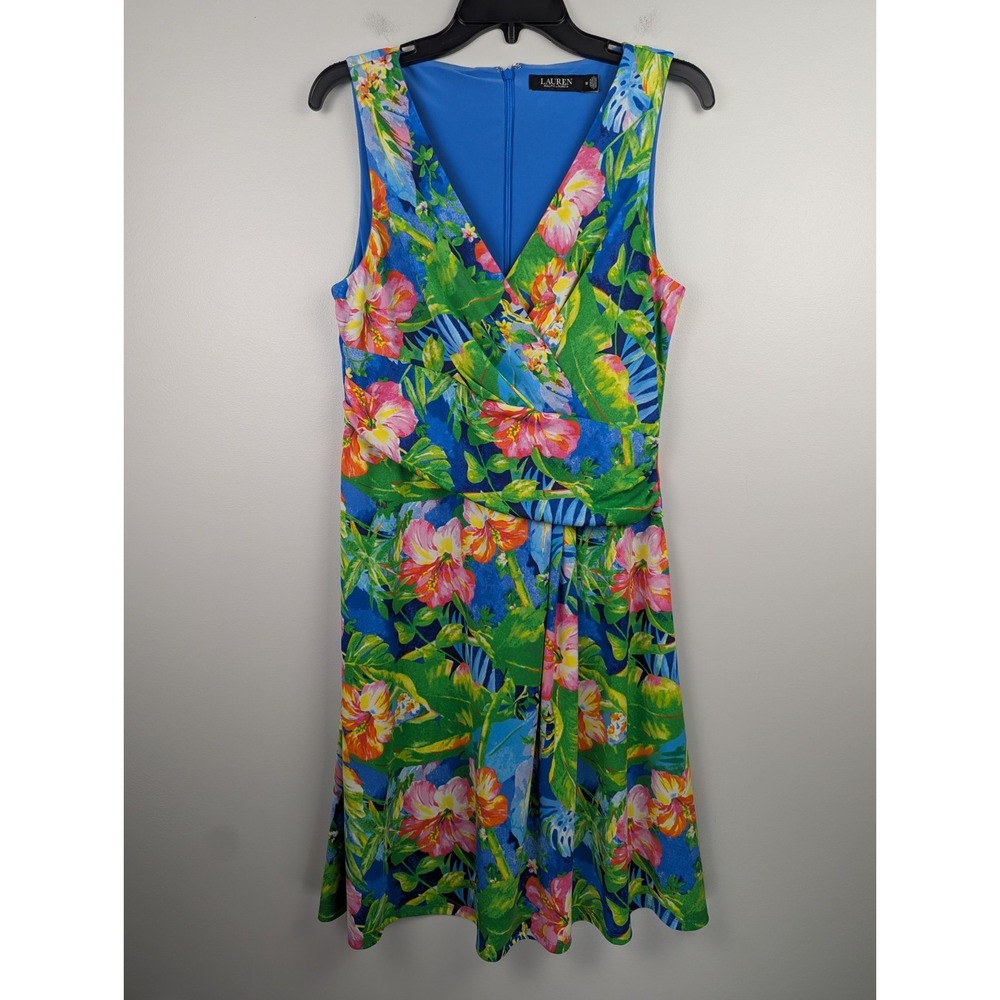 Lauren Ralph Lauren Women's Floral Jersey Sleeveless Dress Blue‎ Green Size 10